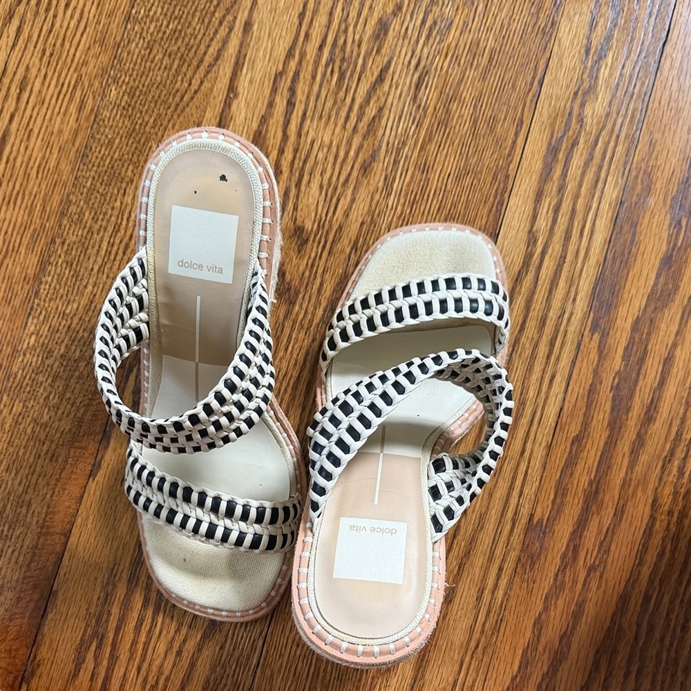 Dolce Vita Cream and Black Woven Slide Sandals